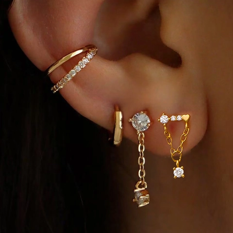 Fashion Stainless Steel Zircon Earrings For Women Minimalist Gold Plated Flower Chain Hoop Earrings Ear Bone Clip Jewelry Accessory