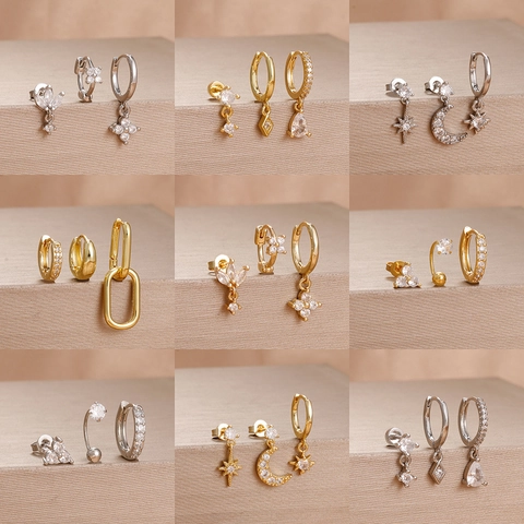 Stainless Steel Rhinestone Earring Set For Women Star Moon Heart Flower Shape Small Hoop Stud Earrings Fashion Jewelry