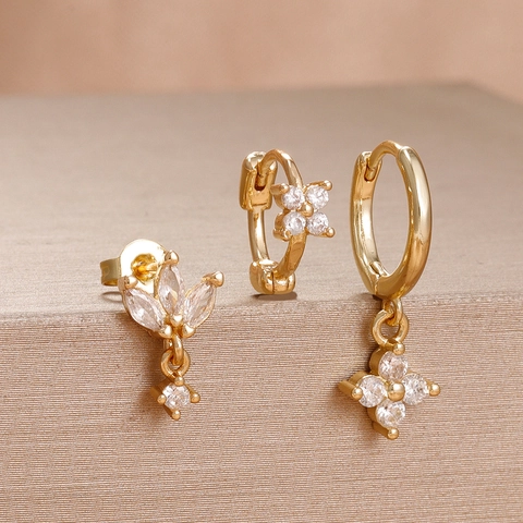 Stainless Steel Rhinestone Earring Set For Women Star Moon Heart Flower Shape Small Hoop Stud Earrings Fashion Jewelry