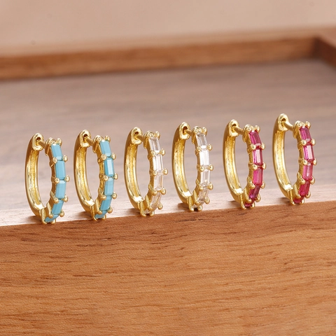 Fashion Stainless Steel Gold Plated Baguette Zirconia Huggie Hoop Earrings With 925 Sterling Silver Earring Post For Women