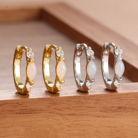 Marquise White Opal Huggie Hoop Earrings Gold Silver Plated Copper Zirconia Bohemian Small Ear Buckle For Women Jewelry Gift