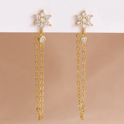Orecchini a Nappina a Forma di Fiore Moda Rame Zirconia Intarsiata Catena Lunga Orecchini a Pendente per Donna Gioielli