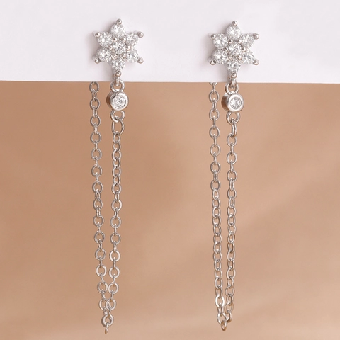 Orecchini a Nappina a Forma di Fiore Moda Rame Zirconia Intarsiata Catena Lunga Orecchini a Pendente per Donna Gioielli
