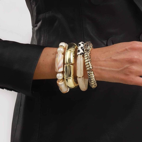 Vintage Stacking Bracelet Set Marbled Resin Faux Artificial Pearl Gold Alloy Geometric Elastic Bangle For Women Maillard Style Jewelry