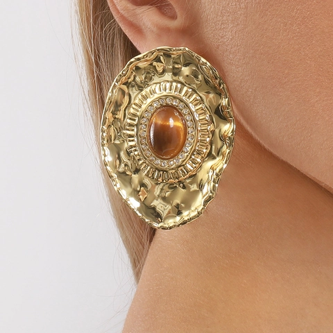 Vintage Luxury Oval Stud Earrings For Women Hammered Gold Alloy With Rhinestones Large Fashion Geometric Statement Jewelry