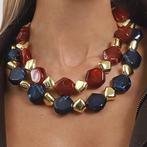 Vintage Chunky Resin Beaded Necklace Geometric Alloy Beads Adjustable Chain Bracelet Fashion Jewelry Accessory For Women
