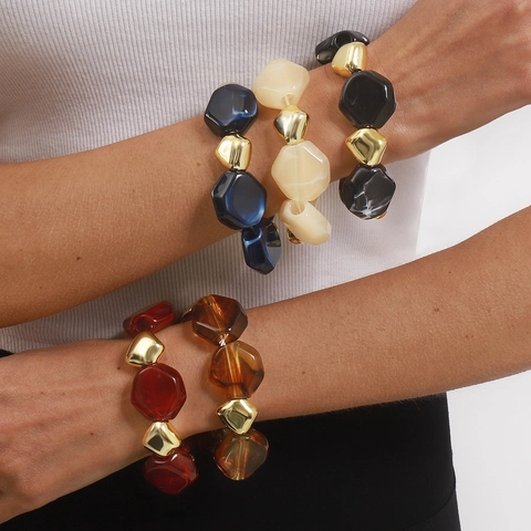 Vintage Chunky Resin Beaded Necklace Geometric Alloy Beads Adjustable Chain Bracelet Fashion Jewelry Accessory For Women