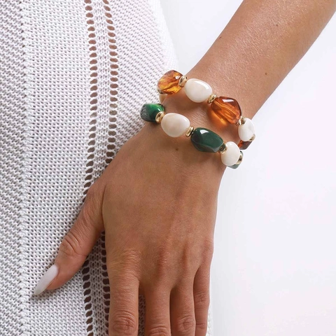 Pulsera de Cuentas de Resina Bohemia Para Mujer Cuentas Ovaladas Geométricas Pulsera Elástica Con Espaciadores de Metal Dorado Joyería