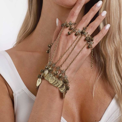 Vintage Ethnic Coin Bell Hand Chain For Women Bohemian Antique Gold Silver Finger Ring Hand Harness Gypsy Jewelry