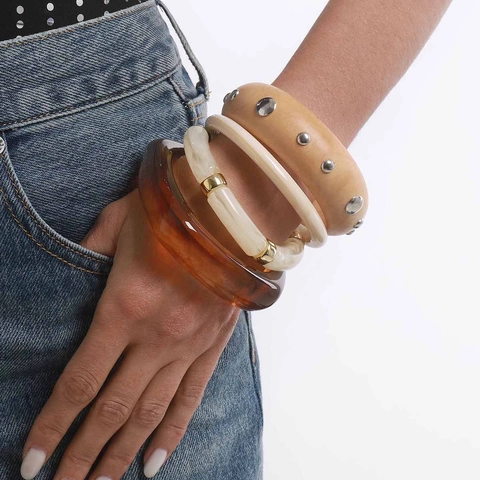 Brazalete Geométrico de Resina y Madera Retro Estilo Maillard Vintage Remache Ámbar Textura de Mármol para Mujer Joyería