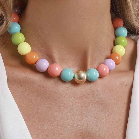 Collar de Cuentas de Resina de Colores Hecho a Mano para Mujer Choker de Bola Macaron Aleación Oro Metal Cuenta Joyería Boho