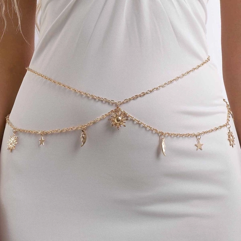 Catena da Vita Boemia in Lega di Zinco Oro con Ciondolo Stella Luna Sole Regolabile Nappina Multistrato Gioielli da Spiaggia Donna