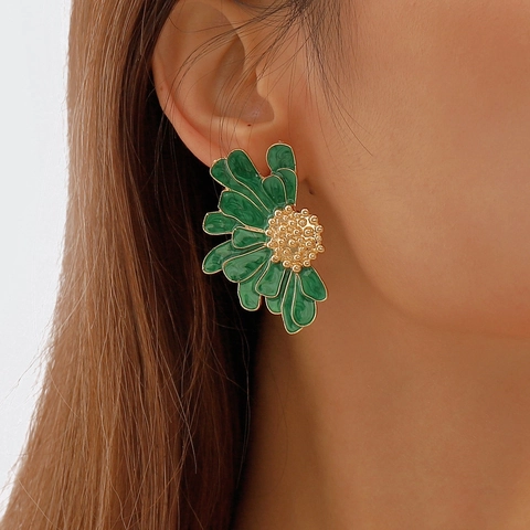 Pendientes de Botón Florales de Aleación Esmaltada Vintage para Mujer Pendientes de Margarita 3D Joyas para Bodas y Fiestas