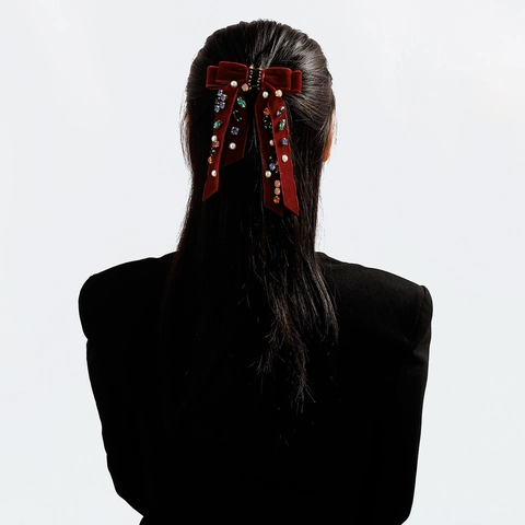 Vintage Luxurious Velvet Double Layer Bow Hair Clip For Women With Colorful Rhinestones Artificial Pearls Elegant Hair Accessory