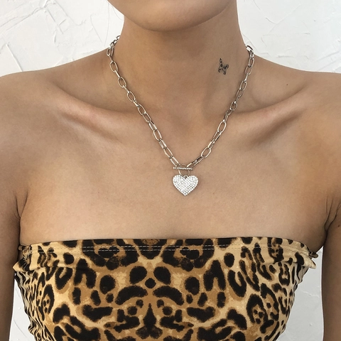 Collana con Pendente a Cuore in Lega Punk per Donna Catena Grossa Strass Incastonati Chiusura a T Oro Argento Gioielli Moda