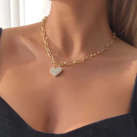 Collana con Pendente a Cuore in Lega Punk per Donna Catena Grossa Strass Incastonati Chiusura a T Oro Argento Gioielli Moda