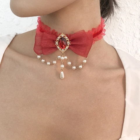 Vintage Gothic Bowknot Choker Necklace Alloy Artificial Pearl Moon Pendant Rhinestone Lace Ribbon Jewelry For Women Party