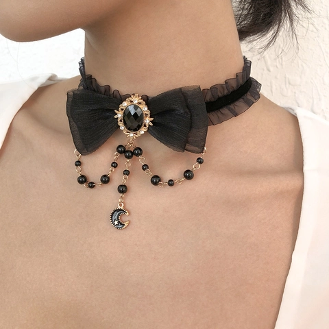 Vintage Gothic Bowknot Choker Necklace Alloy Artificial Pearl Moon Pendant Rhinestone Lace Ribbon Jewelry For Women Party