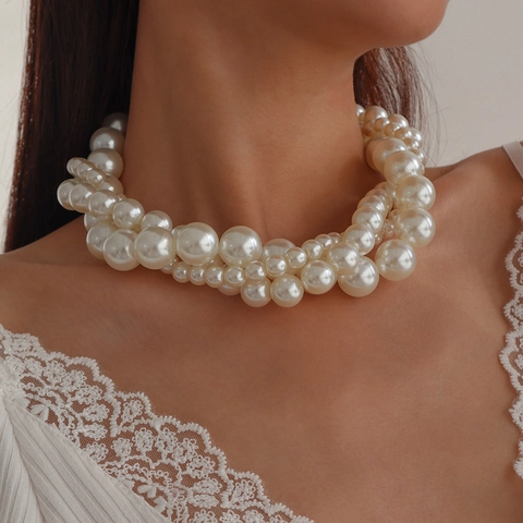 Retro Elegante Mehrlagige Künstliche Perle Choker Halskette Für Damen Zinklegierung Übertriebener Geometrischer Party Schmuck