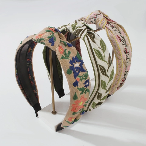 Boheems Geborduurd Bloemen Stirnband Geknoopt Breed Stof Haarrand Vintage Pastoraal Hoofddeksel Voor Dames Dagelijkse Mode