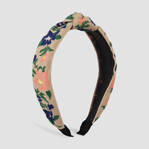 Boheems Geborduurd Bloemen Stirnband Geknoopt Breed Stof Haarrand Vintage Pastoraal Hoofddeksel Voor Dames Dagelijkse Mode