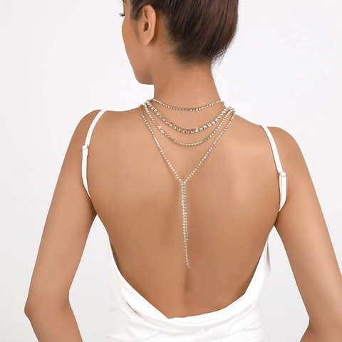 Vintage Multi-layer Rhinestone Back Necklace For Women Gold Silver Alloy Tassel Y-shape Body Chain For Wedding Party Prom