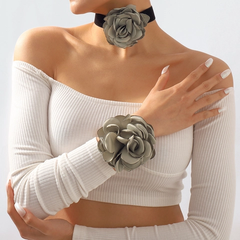 Elegante Gargantilla de Tela con Flor Collar Cinta Pulsera Set Vintage Floral Cadena para Cuello Mujer Joyería Fiesta