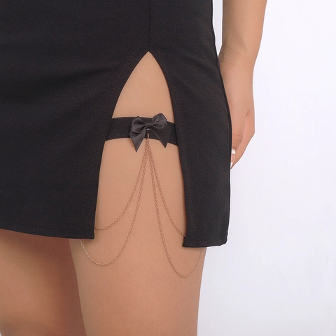 Gothic Sexy Black Elastic Thigh Chain Leg Ring For Women Garter With Bow Metal Chain Tassel Punk Club Party Body Jewelry