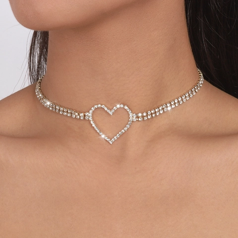 Luxury Alloy Rhinestone Heart Choker Necklace Double Row Claw Chain Adjustable Gold Silver Pendant Jewelry For Women Party