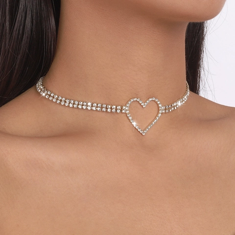 Luxury Alloy Rhinestone Heart Choker Necklace Double Row Claw Chain Adjustable Gold Silver Pendant Jewelry For Women Party