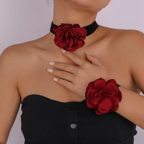 Elegante Gargantilla de Tela con Flor Collar Cinta Pulsera Set Vintage Floral Cadena para Cuello Mujer Joyería Fiesta