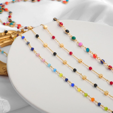 18K Gold Plated Copper Jewelry Chain With Crystal Zircon Colored Beads For DIY Necklace Bracelet Making Accessory