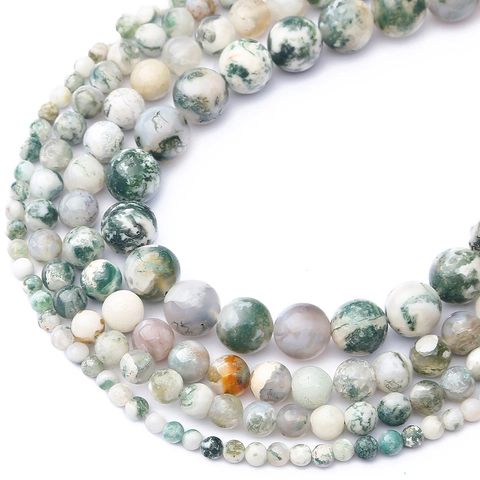 Natural White Moss Agate Round Beads For DIY Jewelry Making Green Pattern Loose Stone Beads For Bracelet Necklace