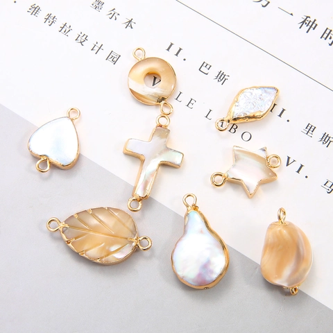 Natural Mother Of Pearl Shell Copper Edging Pendants Artificial Pearl Charms For DIY Jewelry Making Accessories Heart Leaf Cross Styles