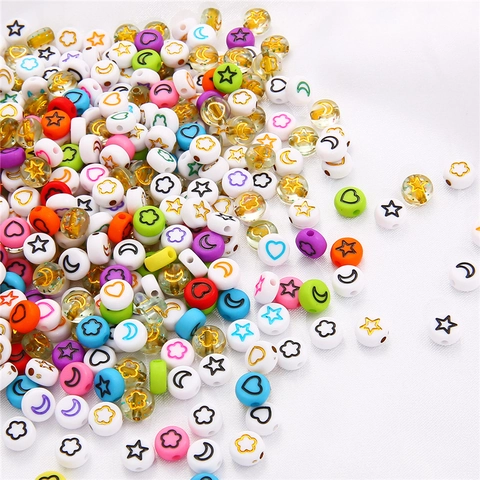 Acrylic Flat Round Loose Beads Star Moon Heart Flower Pattern Spacer Beads For DIY Jewelry Making Bracelet Kids Craft