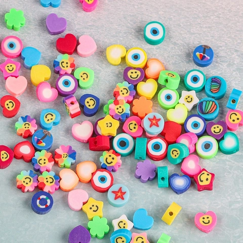 Perles en Pâte Polymère Multicolores Visage Souriant Cœur Étoile Motifs Floraux pour Création de Bijoux DIY Accessoires Artisanat