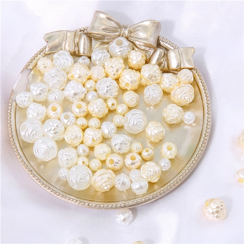 Acrylic Rose Flower Faux Pearl Loose Beads For Handmade DIY Jewelry Making Bracelet Necklace Findings Floral Decorative Beads Ivory White Beige