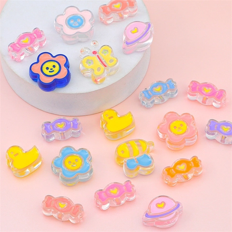 Acrylic Cartoon Beads Flower Duck Planet Butterfly Bee Drip Oil Loose Beads For DIY Jewelry Making Phone Chain Accessory
