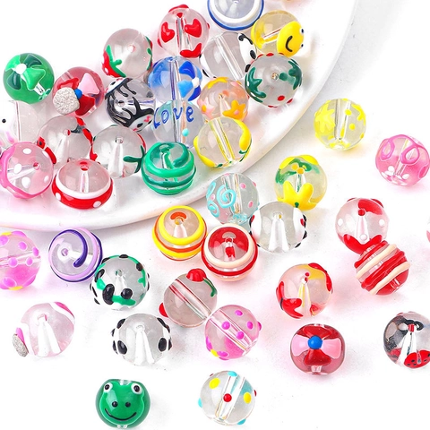 Lampwork Glass Round Beads Hand Painted Cartoon Animal Heart Pattern DIY Bracelet Necklace Jewelry Making Loose Beads Material