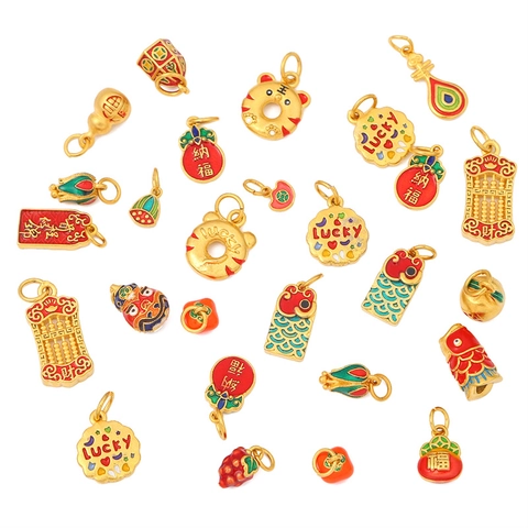 Ciondoli Tradizionali Cinesi in Rame Placcato Oro Smaltato Charms Portafortuna per Creazione di Gioielli Collane Braccialetti DIY