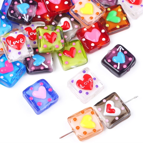 Square Handcrafted Glass Lampwork Beads Heart Pattern DIY Jewelry Making Supplies For Necklace Bracelet Accessories