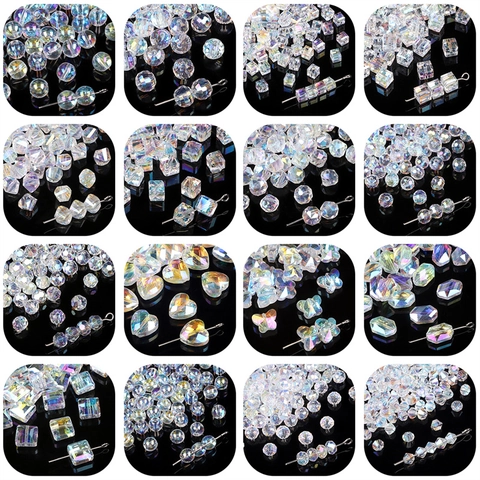 AB Aurora Transparent Iridescent Glass Crystal Beads Heart Butterfly Square Round Faceted Loose Beads For DIY Jewelry Making Accessories