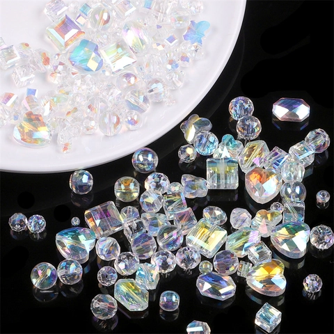 Iridescent White AB Glass Crystal Beads For DIY Jewelry Making Iridescent Faceted Loose Beads Heart Butterfly Square Shaped Beads For Bracelets Necklaces Decorative Craft