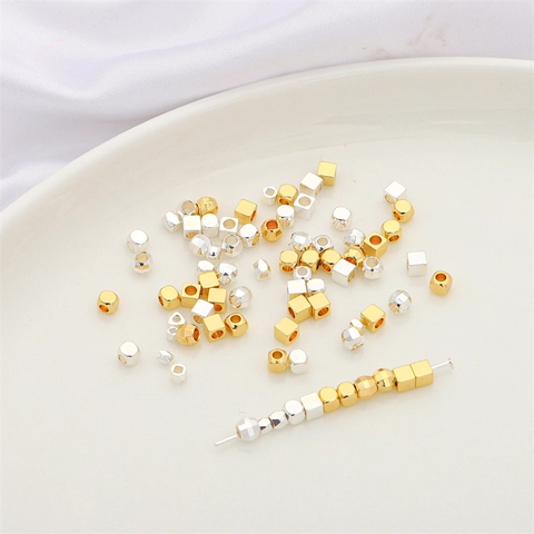 14K Goud Zilver Verguld Metalen Kralen Gefacetteerde Laser Vierkante Kubus Kralen Voor DIY Sieraden Maken Accessoires