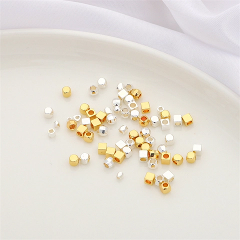 14K Goud Zilver Verguld Metalen Kralen Gefacetteerde Laser Vierkante Kubus Kralen Voor DIY Sieraden Maken Accessoires
