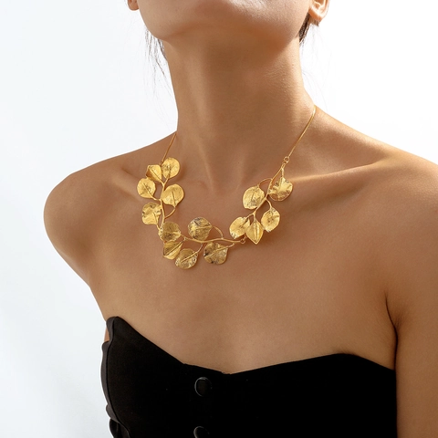 Vintage Alloy Leaf Branch Statement Necklace Gold Silver Plated Botanical Choker Earrings Jewelry For Women Party Gift