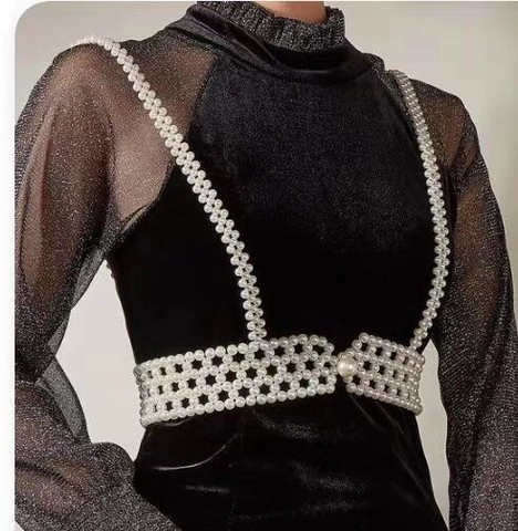 Chaîne de Corps en Künstliche Perles d'Imitation Tissées Vintage Français Nightclub Sexy Harness Gilet Bijoux pour Femmes Top Blanc