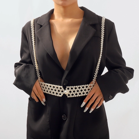 Chaîne de Corps en Künstliche Perles d'Imitation Tissées Vintage Français Nightclub Sexy Harness Gilet Bijoux pour Femmes Top Blanc