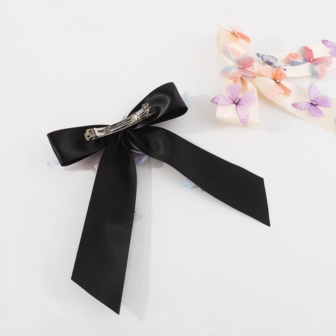 Grande Fermaglio per Capelli con Fiocco in Raso e Farfalle 3D in Gaza Strass Stile Foresta Incantata per Donna Ragazza