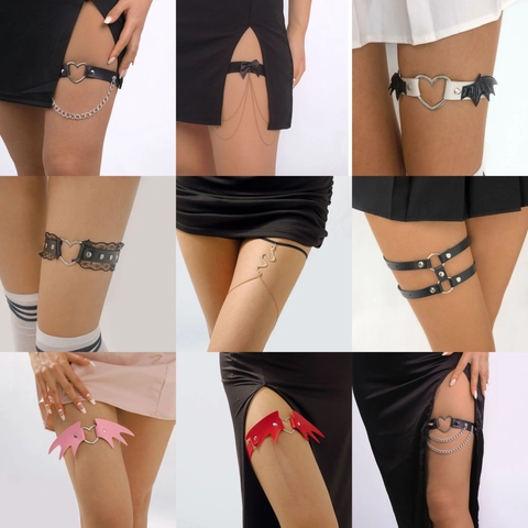 Gothic Leather Leg Chain Heart Bat Wing Punk Garter Belt Adjustable Elastic Thigh Ring Nightclub Party Women Jewelry